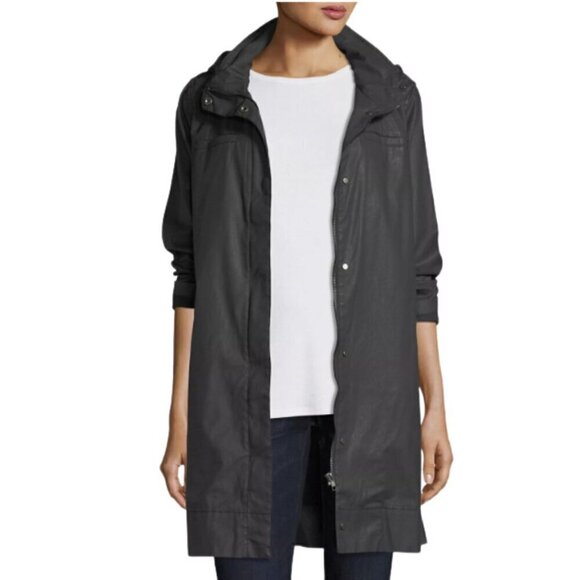 Eileen Fisher Waxed Organic Cotton Stretch Twill Hidden Hood A Line Jacket Sz S - Picture 1 of 11